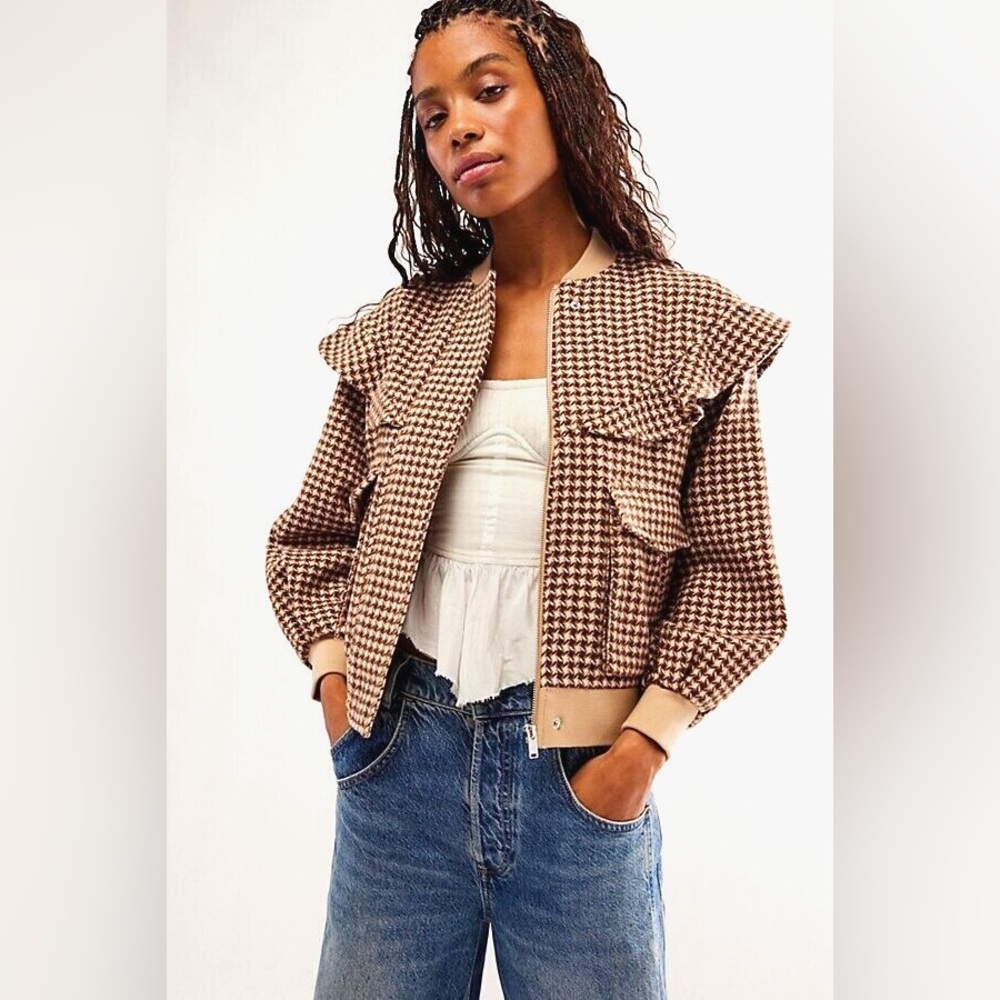 Free People Black and Cream Bomber Jacket